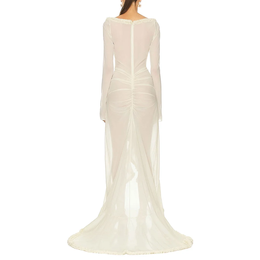 Sexy Women Long Sleeve V Neck Chemise Mesh Nightwear Long Gown Frill Trim Sheer Maxi Dress