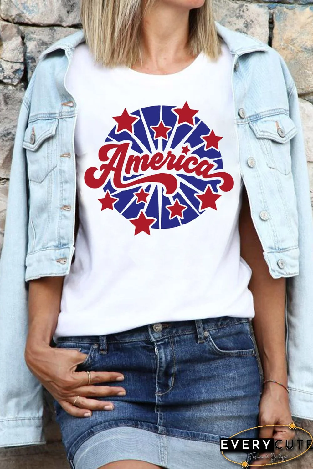 White America Stars Pattern Print Short Sleeve Graphic Tee