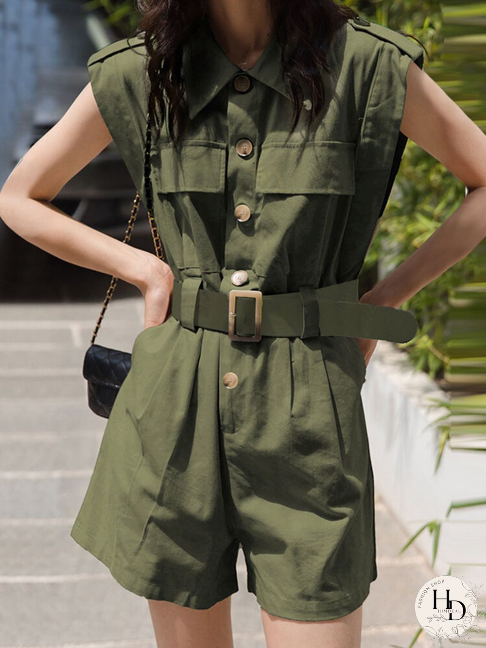 Solid Belt Pocket Button Lapel Short Sleeve Cargo Romper