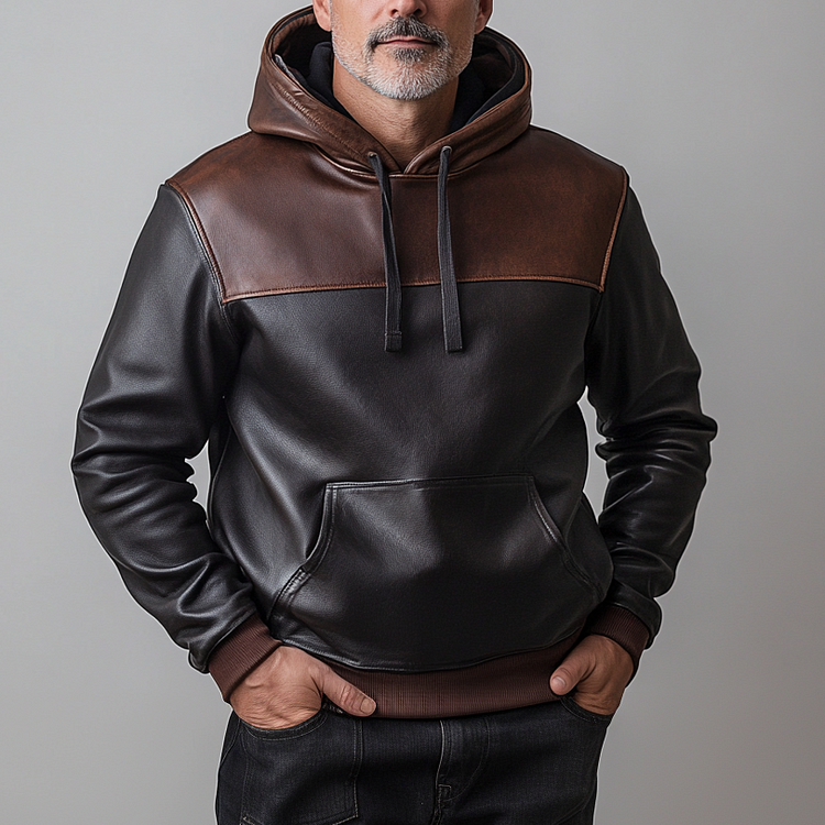 Men's PU Leather Patchwork Hoodie-inspireuse