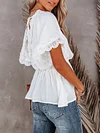 Solid Color Lace Split-Joint Short Sleeves Shirt Tops