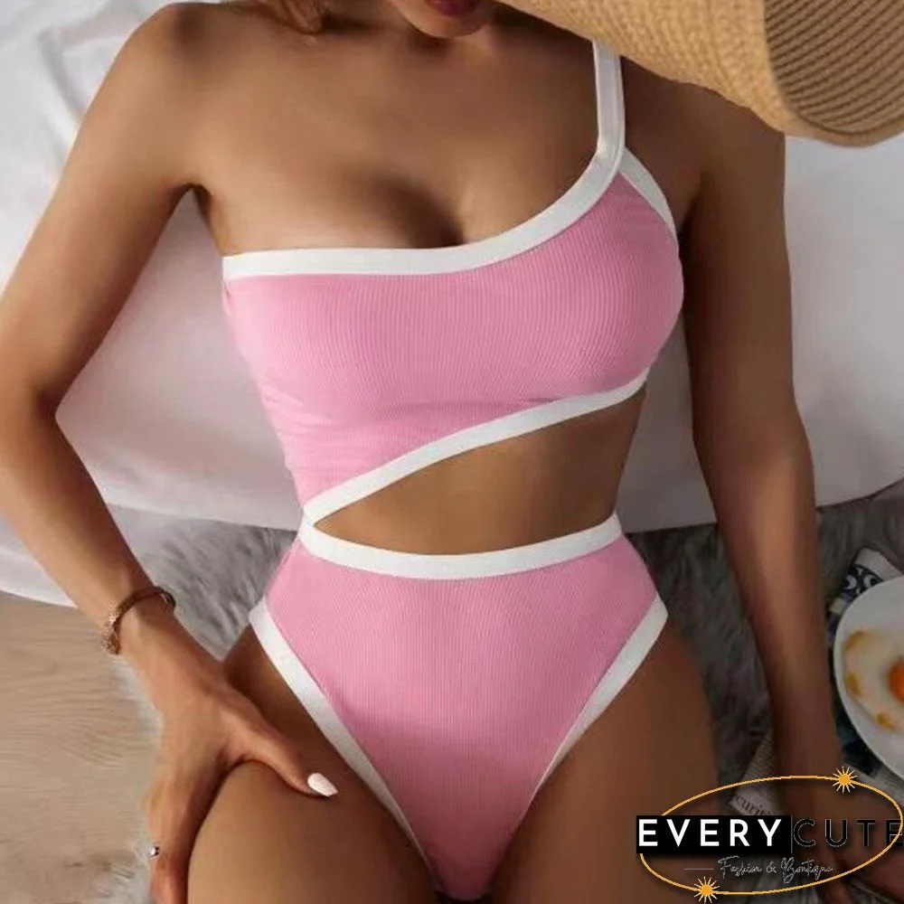 Fashion Summer Low Cut Push Up Beachwear One Piece Contrasting Colors One Shoulder Swimsuits Sexy Hollow Out Backless Bodysuits