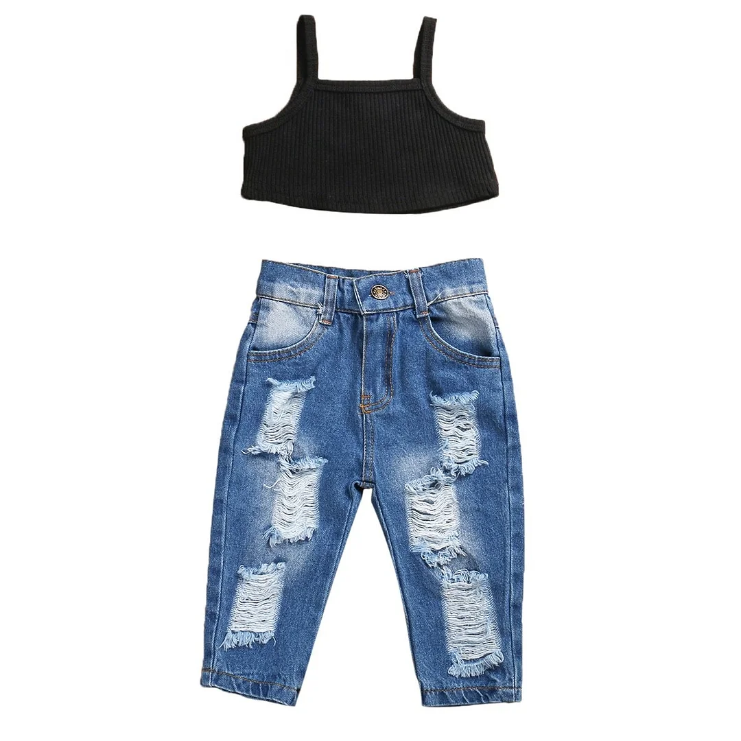 2020 Baby Summer Clothing Kids Baby Girls Fashion 2Pcs Outfit Set Sleeveless Solid Ribbed Crops Top and Ripped Jeans Pants Set