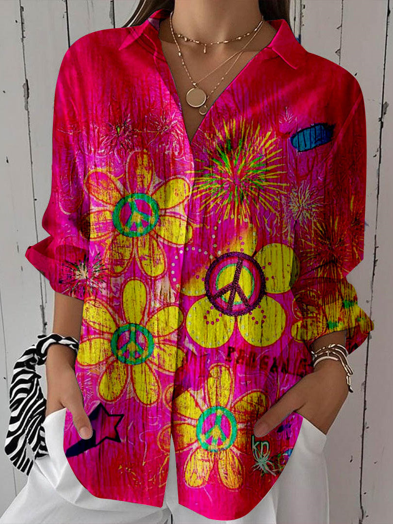 Women Long Sleeve V-neck Graphic Floral Printed Top