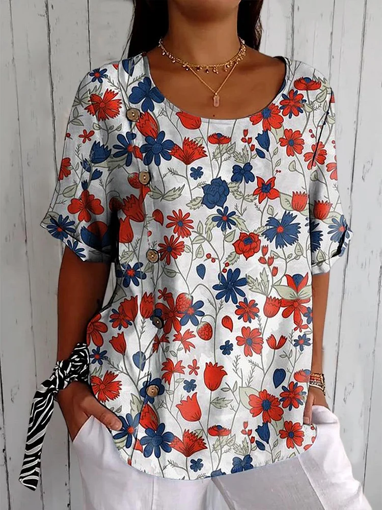 Women's Retro Red and Blue Simple Print Casual Cotton Shirt