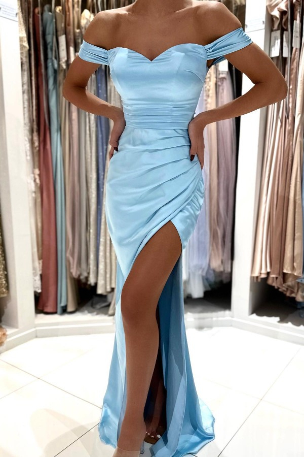 Dresseswow Sky Blue Off-the-Shoulder Prom Dress Mermaid Long With Slit