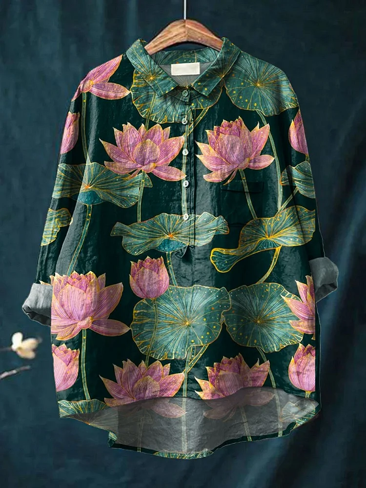 Women's Vintage Lovely Elegant Lotus Art Print Casual Cotton And Linen Shirt