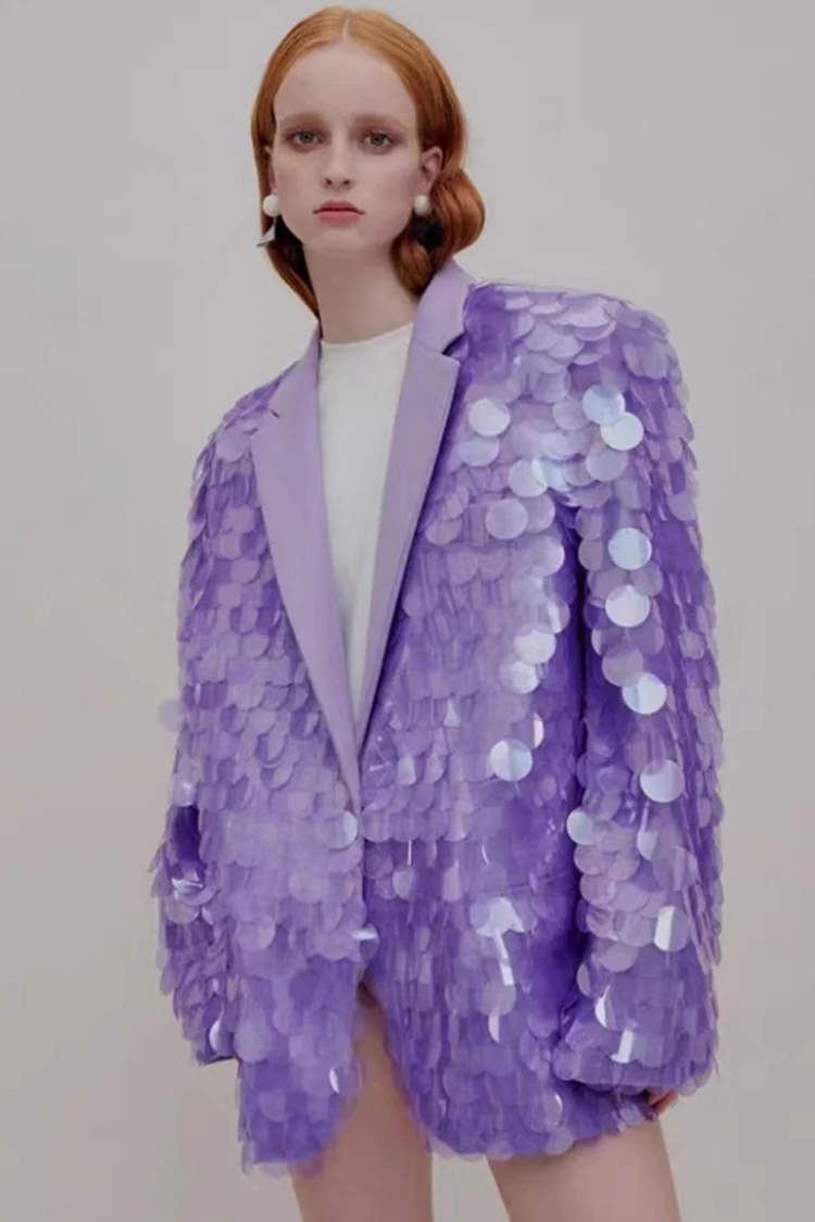 Fashion Notch Lapel Sequin Blazer-Violet