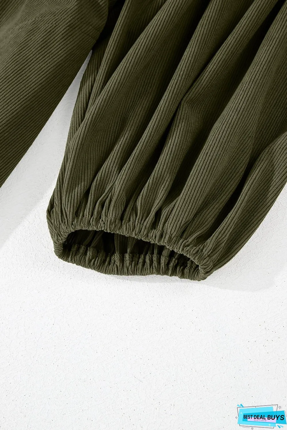 Vineyard Green Corduroy Snap Buttons Empire Waist Bracelet Sleeve Dress