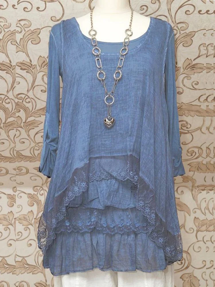 STUNNING BLUE 2PIECE TUNIC DRESS QUIRKY ITALIAN LAGENLOOK/LAYERING TOP Round-neck Long Sleeve Tops