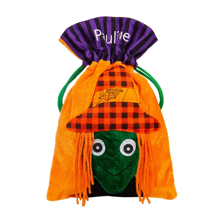 1 Name-Personalized Witch Halloween Tote Bags, Custom Kids Halloween Trick or Treat Candy Bags with Witch