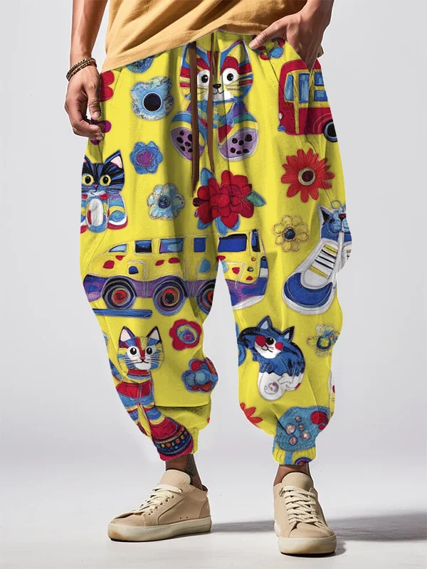 Men's Cute Cat Flower Cartoon Graphic Print Loose Drawstring Waist Sweatpants