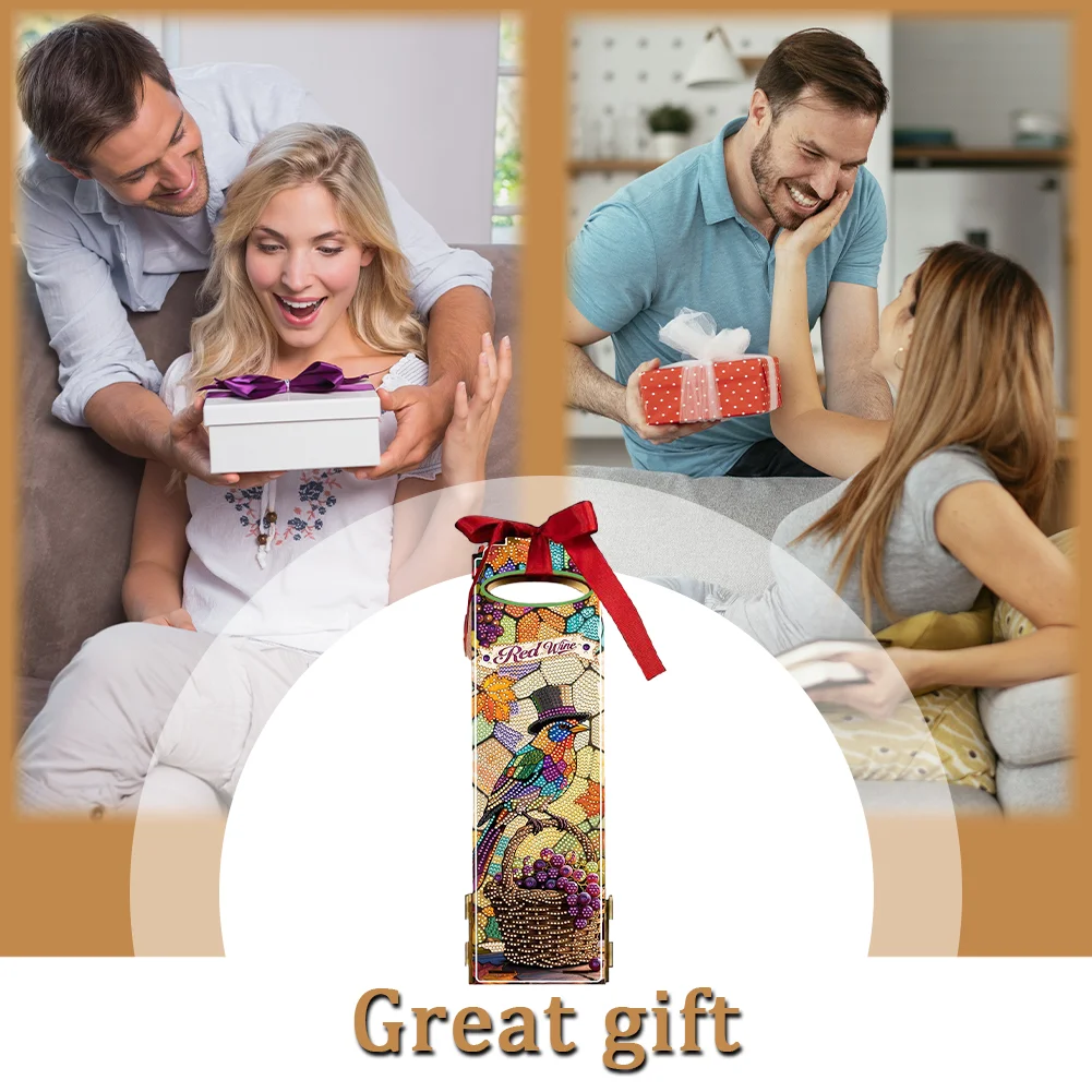 Wooden 5D/DIY Diamond Painting Art Wine Bag Kit for Party Wine Decor (Birds)