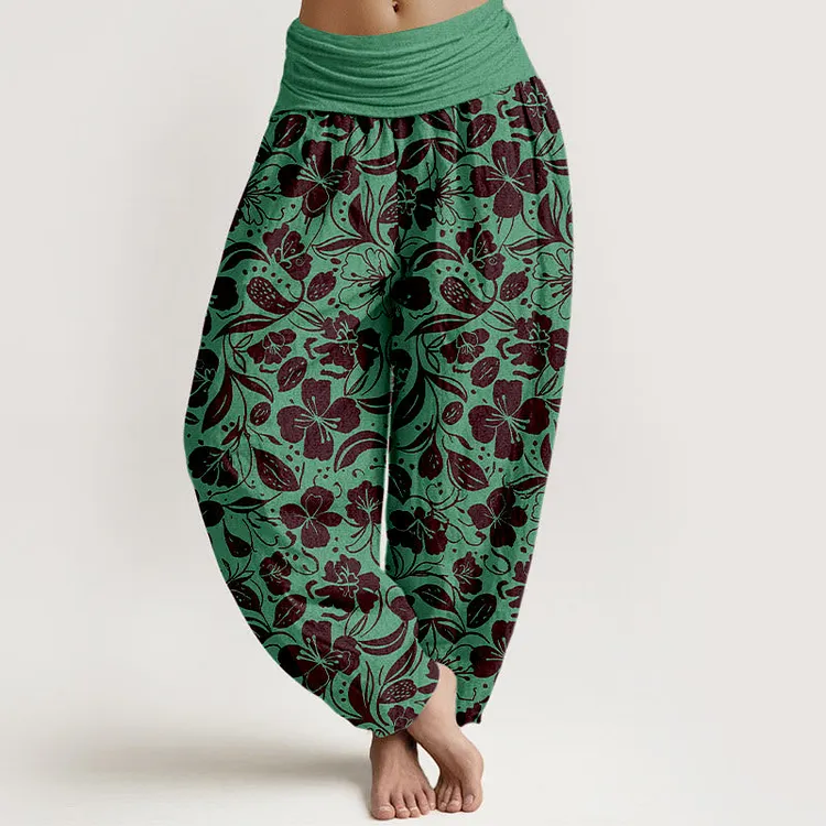 Cotton Repeated Flowers Leaves Pattern Women's Elastic Waist Harem Pants