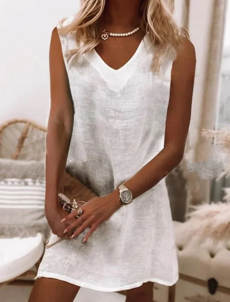 V-neck Sleeveless Solid Color Cotton and Linen Dress White Skirt VangoghDress