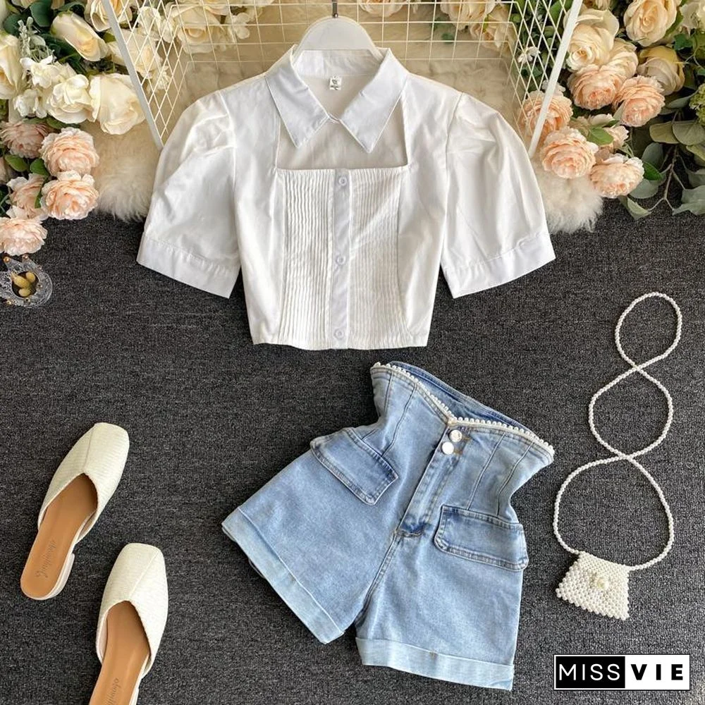 Fashion Short Blouse+Denim Shorts P11690