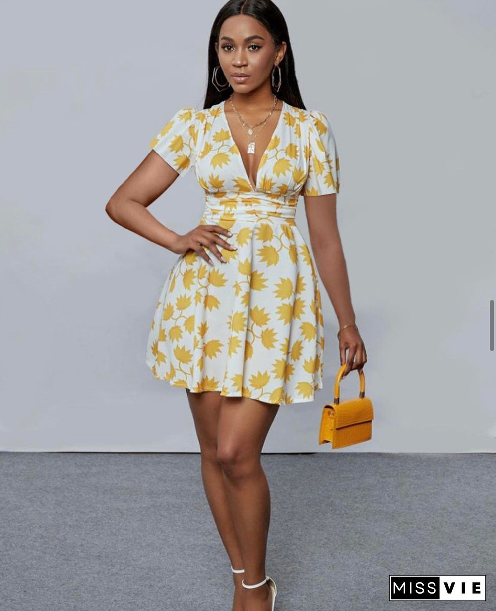 Women Casual V Neck Short Sleeve A Line Mini Dress