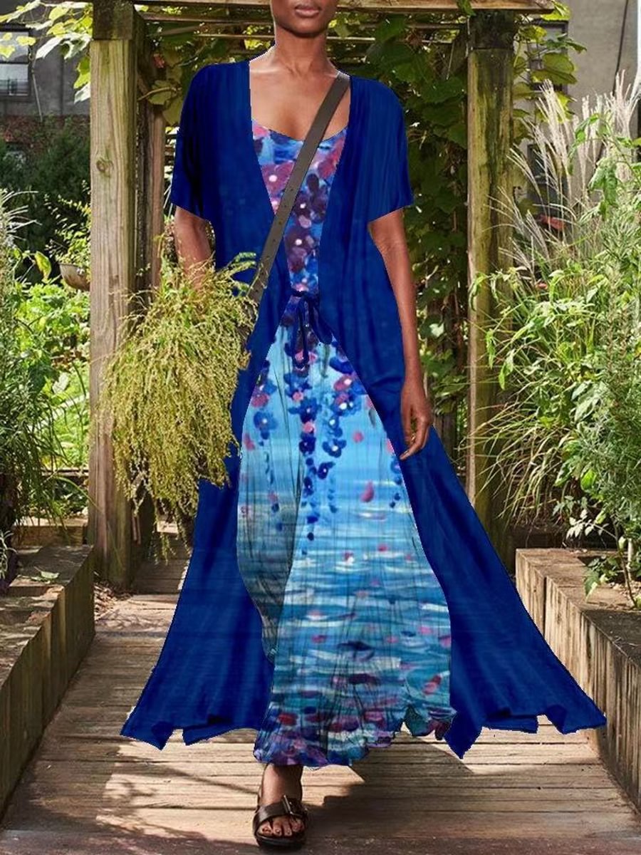 Loose Digital Print Short-Sleeved Two-Piece Dress