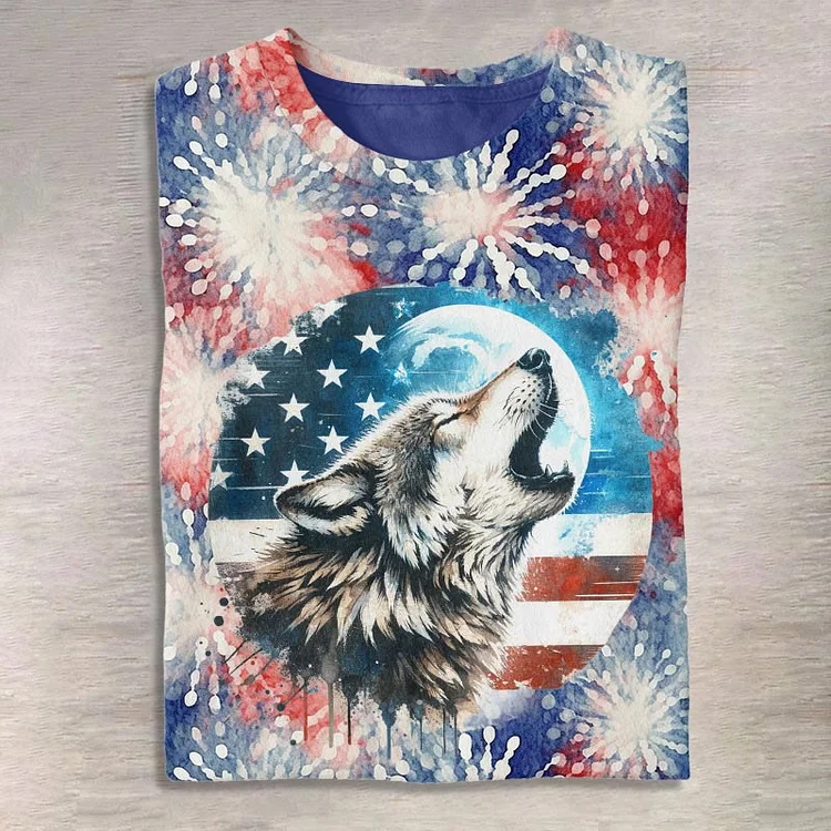 Women's Wolf Howl At The Moon In American Flag Print Short Sleeve Crew Neck T-shirt