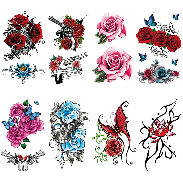 8 sheets Waterproof Temporary Tattoo Sticker Gun and Rose Fake Tattoos Body Art Arm Women Men