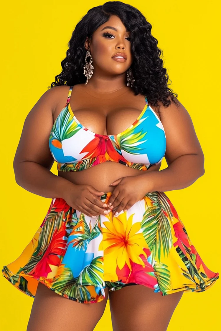 Xpluswear Design Plus Size Beach Multicolor Tropical Print V Neck Swimsuit Fabric Two Pieces Swimsuit [Pre-Order] 2024 - Xpluswear