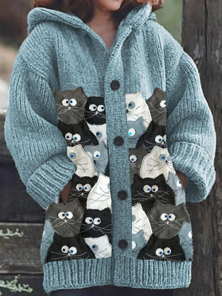 Denim Patchwork Cats Pattern Cozy Knit Hooded Cardigan