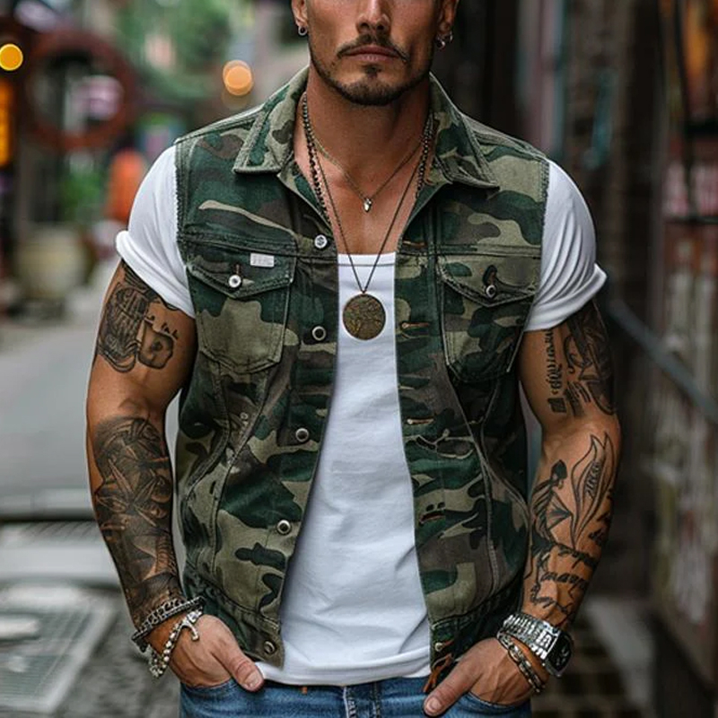 Men's Vintage Camouflage Canvas Lapel Vest
