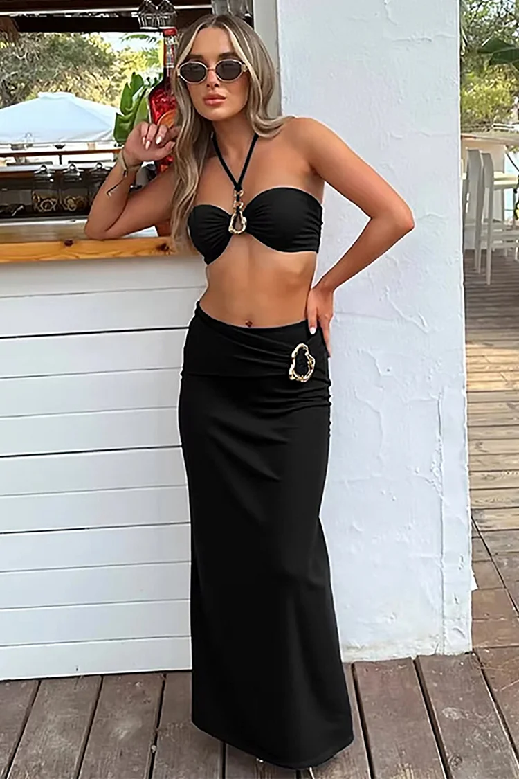 Halter Crop Top Metal Decor Slim Fit Maxi Skirt Swimsuit 2pcs Set-White