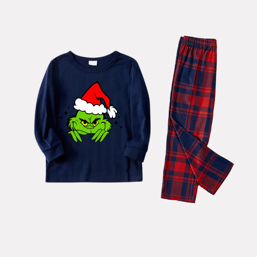 Christmas Cartoon Print Blue Long Sleeve Top with Red & Blue Plaid Christmas Couple Matching Pajamas