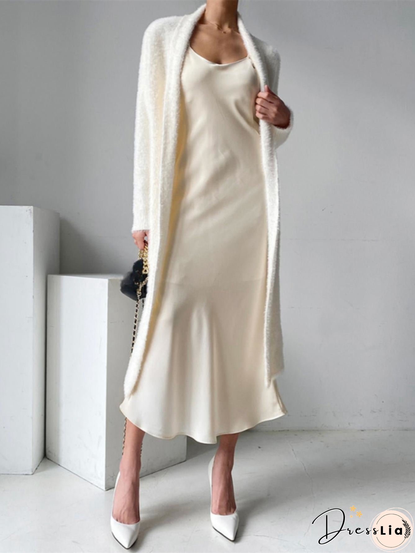 Long Length Fuzzy Knit Cardigan, Casual Open Front Long Sleeve Sweater, Women's Clothing