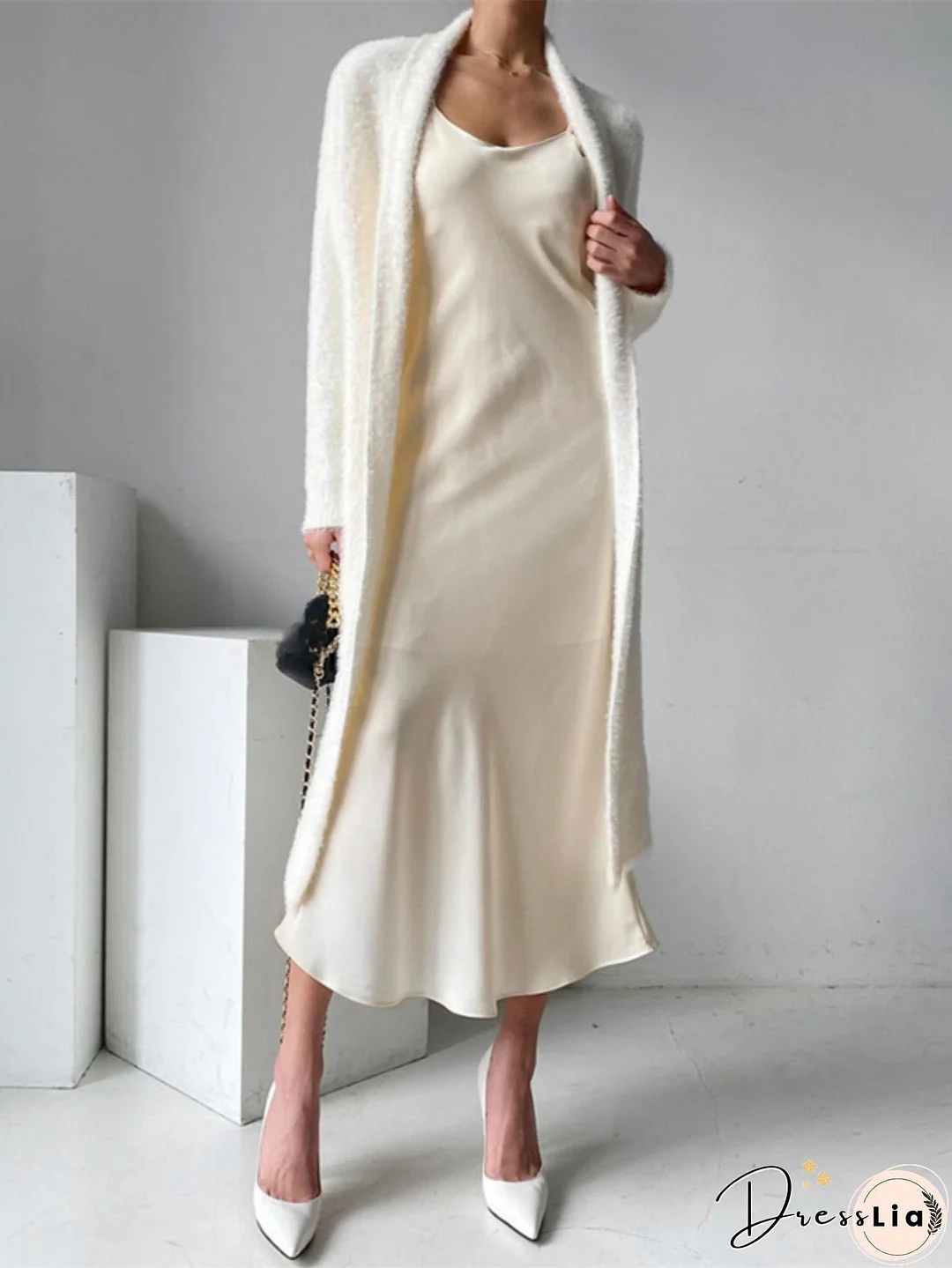 Long Length Fuzzy Knit Cardigan, Casual Open Front Long Sleeve Sweater, Women's Clothing