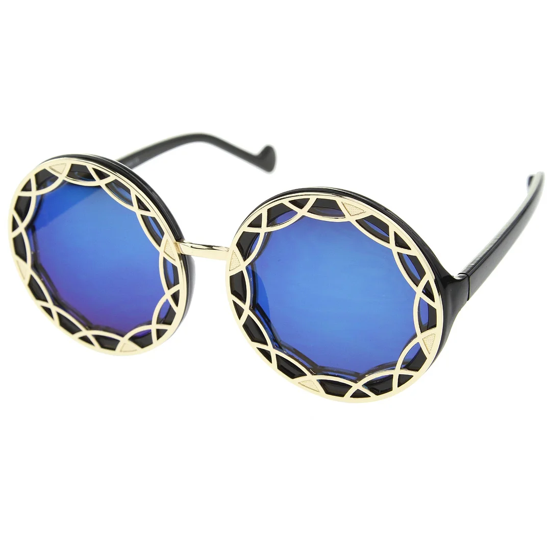 Women's Oversize Ornate Flat Pattern Color Mirror Lens Round glasses 55mm