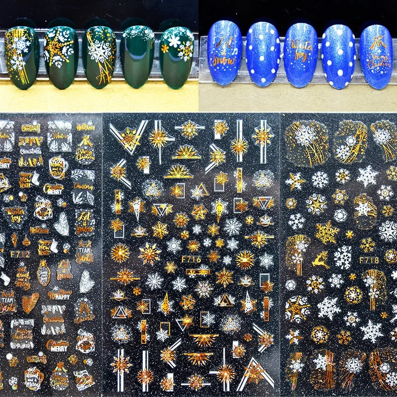 3D Christmas Nail Art Decoration Stickers Sparkly Gold White Colorful Glitter Geometry Snowflake Winter Slider Nail Foils-Nail Inspo
