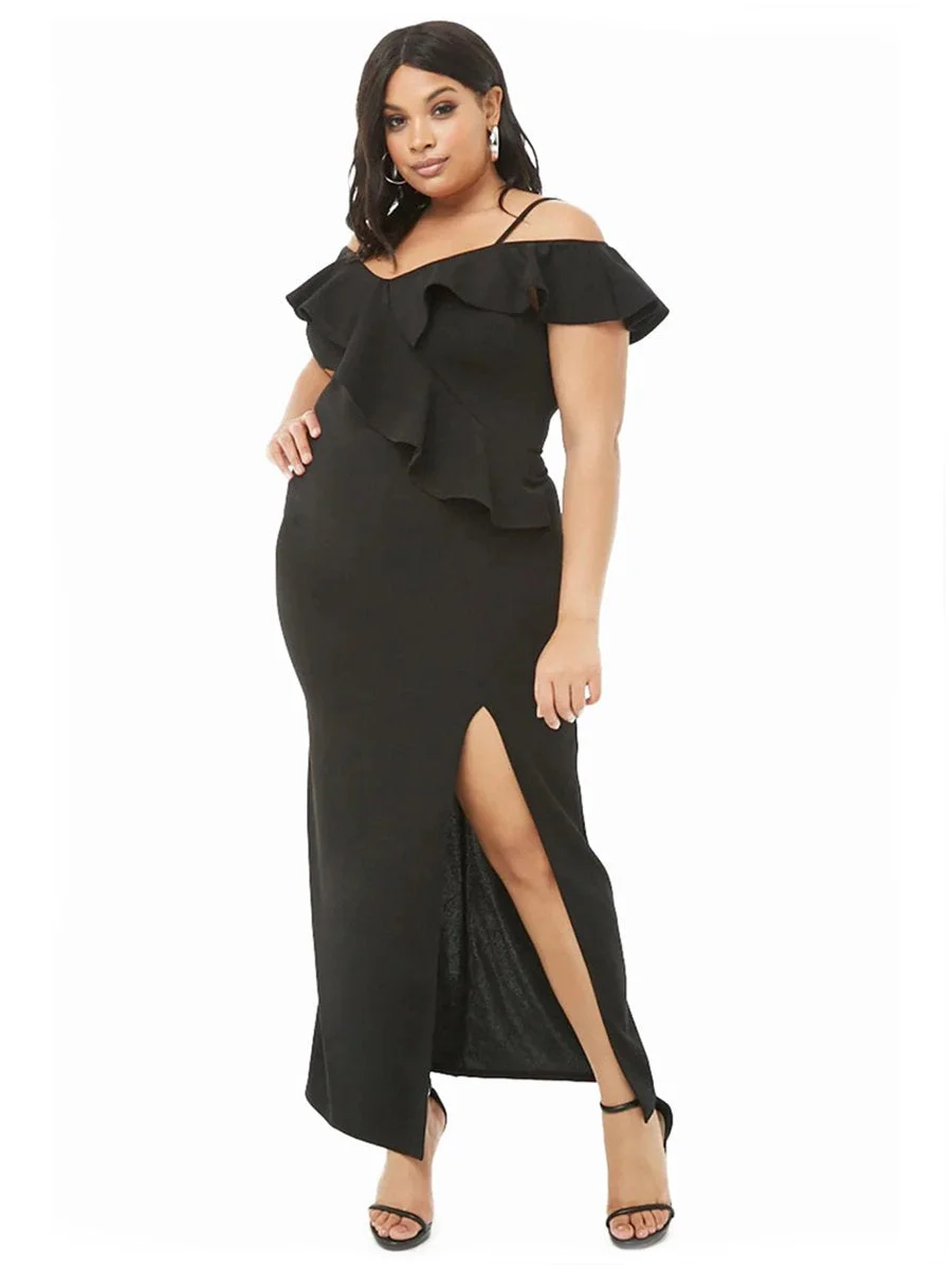 Plus Size Dress Solid Color Ruffled Split Dress