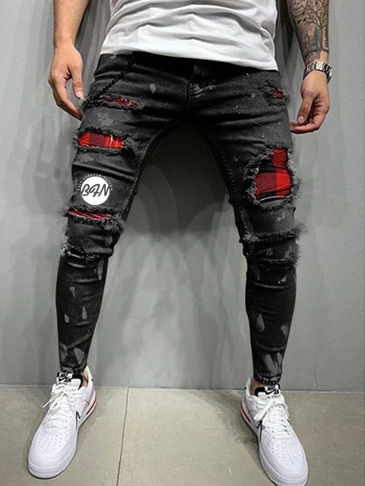 2021 Men's Skinny Jeans Side Stripes Ripped Frayed Slim Fit Denim Pants Hip Hop Black Streetwear Rolled Edge Casual Jeans S-3XL