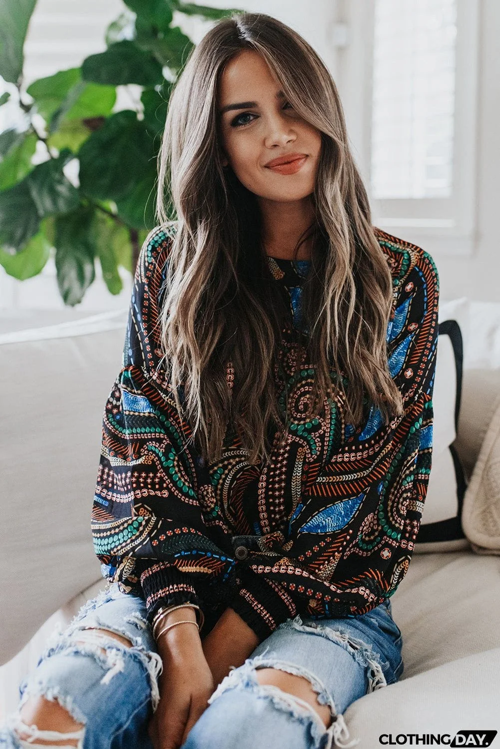 Printed Lantern Sleeve Top