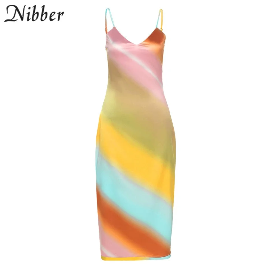Nibber Sexy Long dresses Suspenders Sleeveless Low-Neck Slim Color Gradient Printing Fairy Style For Women Vacation Clubwear