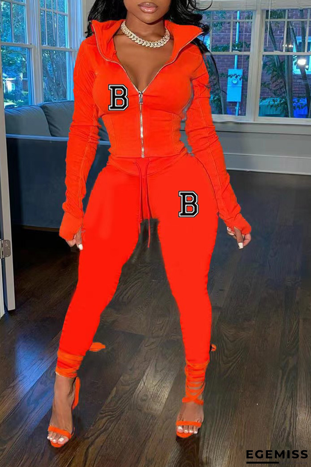 Red Fashion Print Patchwork Zipper Collar Long Sleeve Two Pieces | EGEMISS