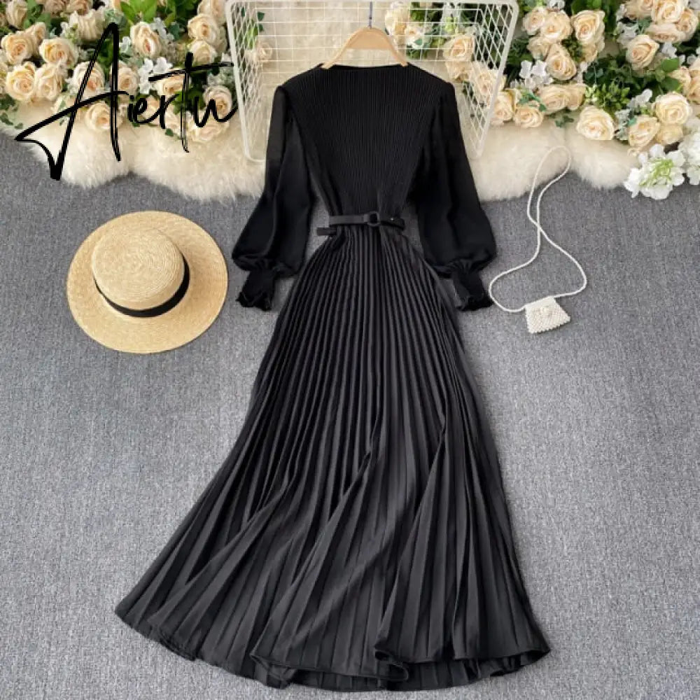 Aiertu Autumn Fashion Streetwear Long Dress Design French Pleated Maxi Dress Women Elegant O Neck Long Sleeve A-line Dress Aiertu