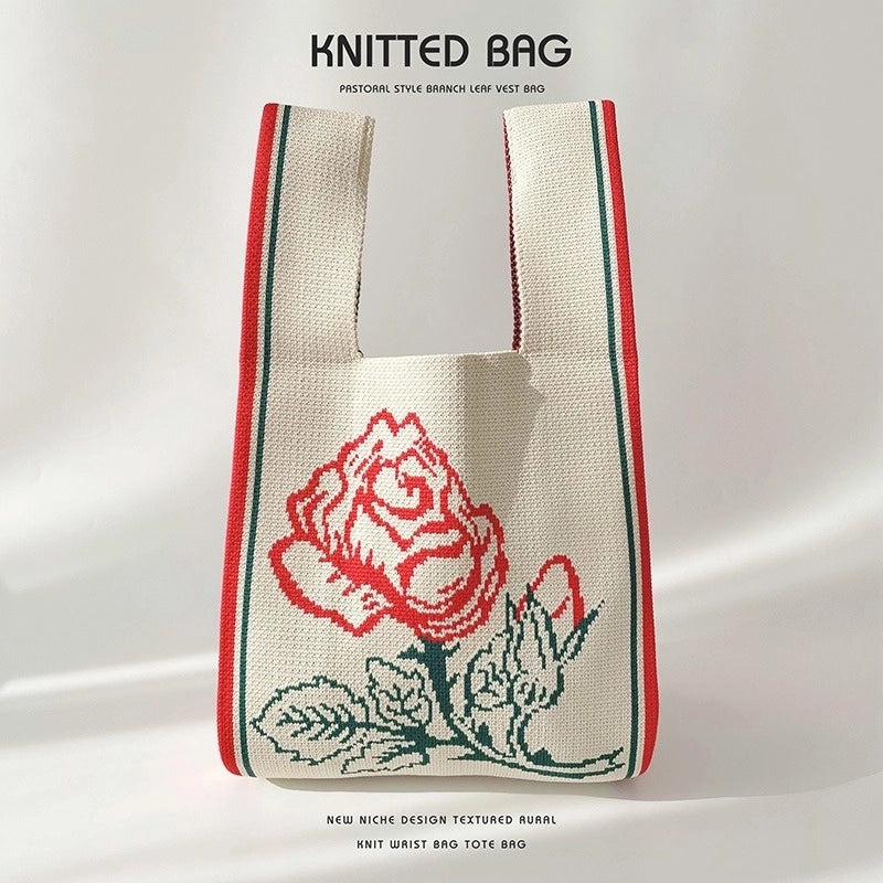 Women’s Medium Knit Letter Flower Cute Vintage Style Square Open Handbag