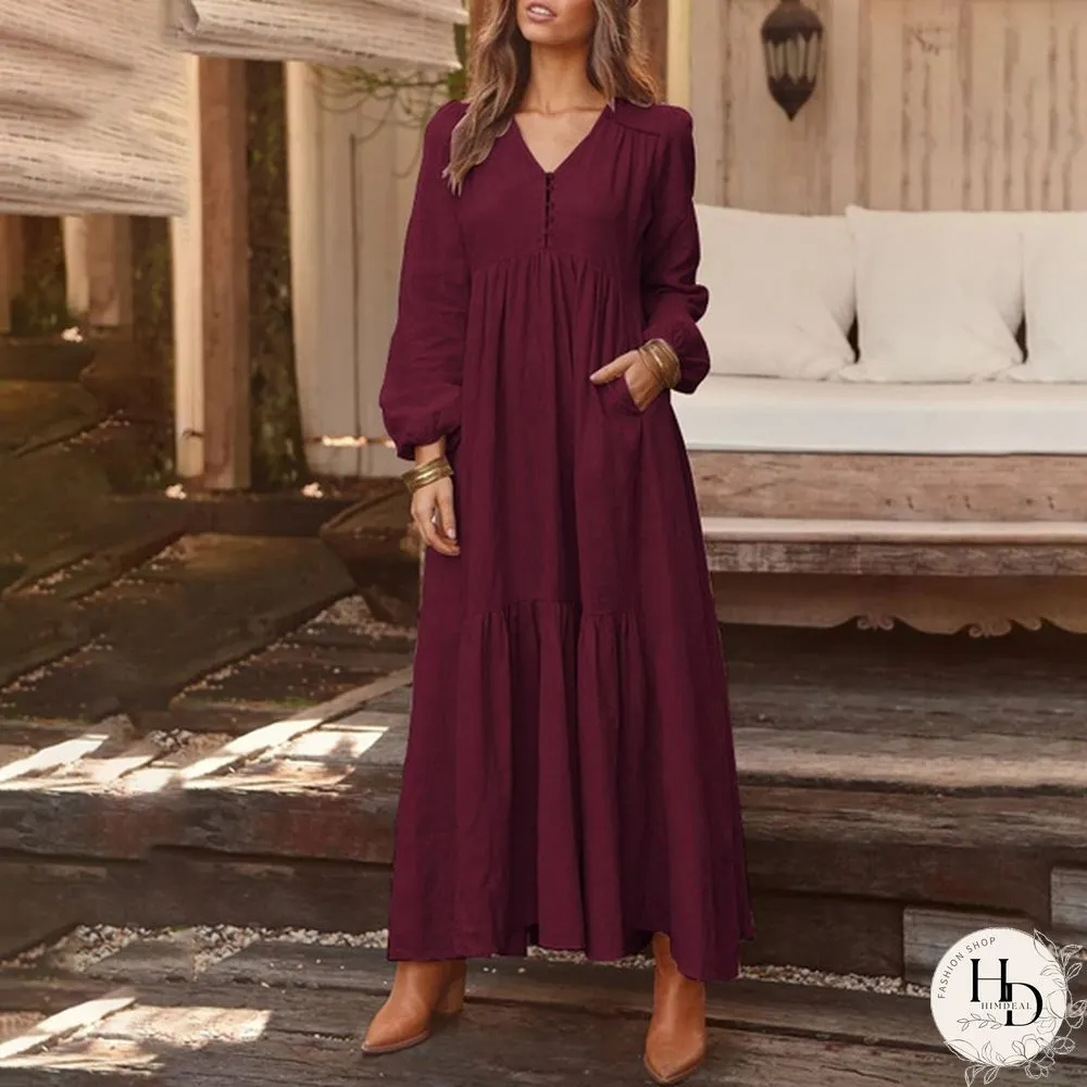 Zanzea Damen V Neck Langarm Kleid Maxikleid Bequem Weiche Plain Vintage Strandkleid