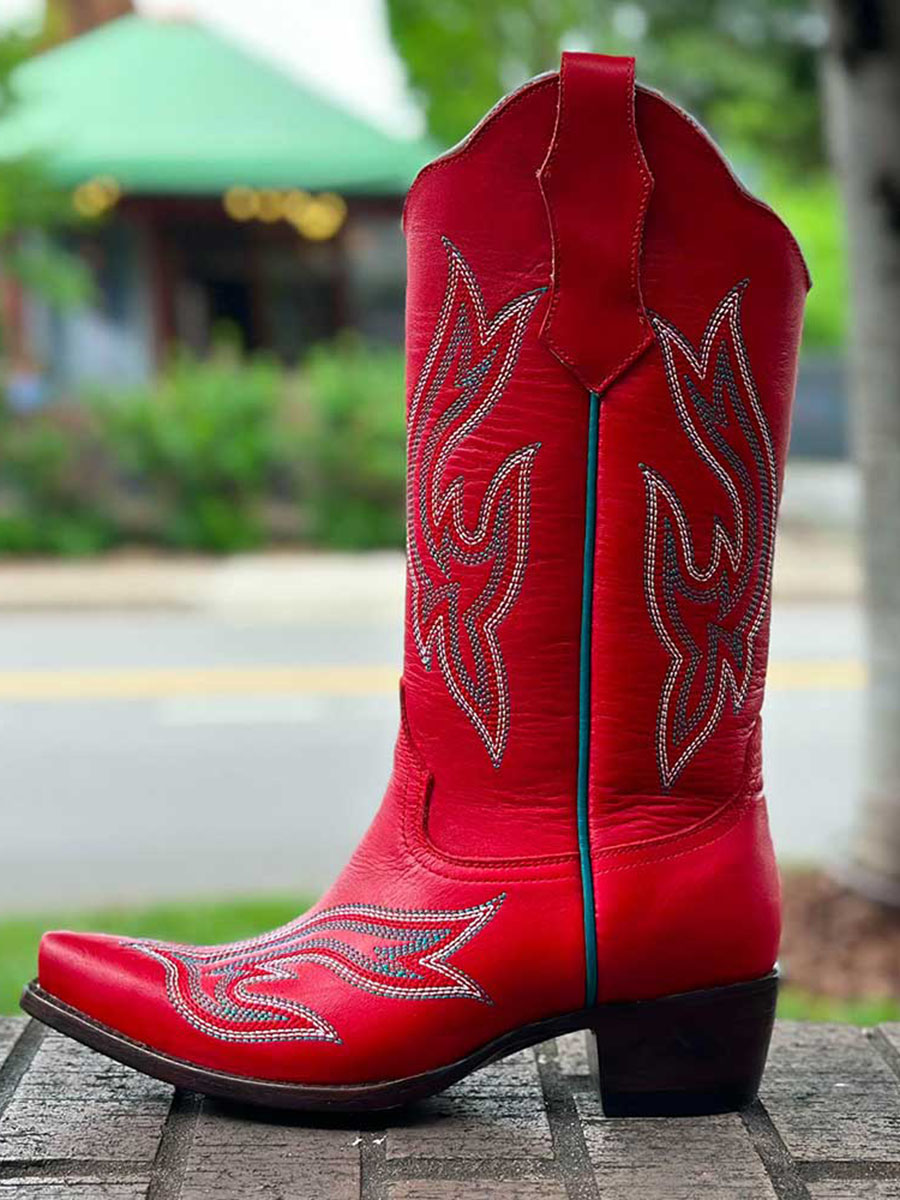 Red Pointed Toe Colorful Embroidery Wide Calf Knee High Cowgirl Boots With Chunky Heels