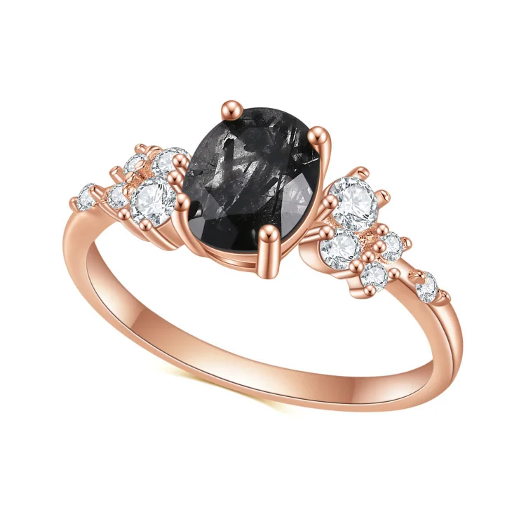 Oval Black Rutilated Quartz Rose Gold Engagement Ring