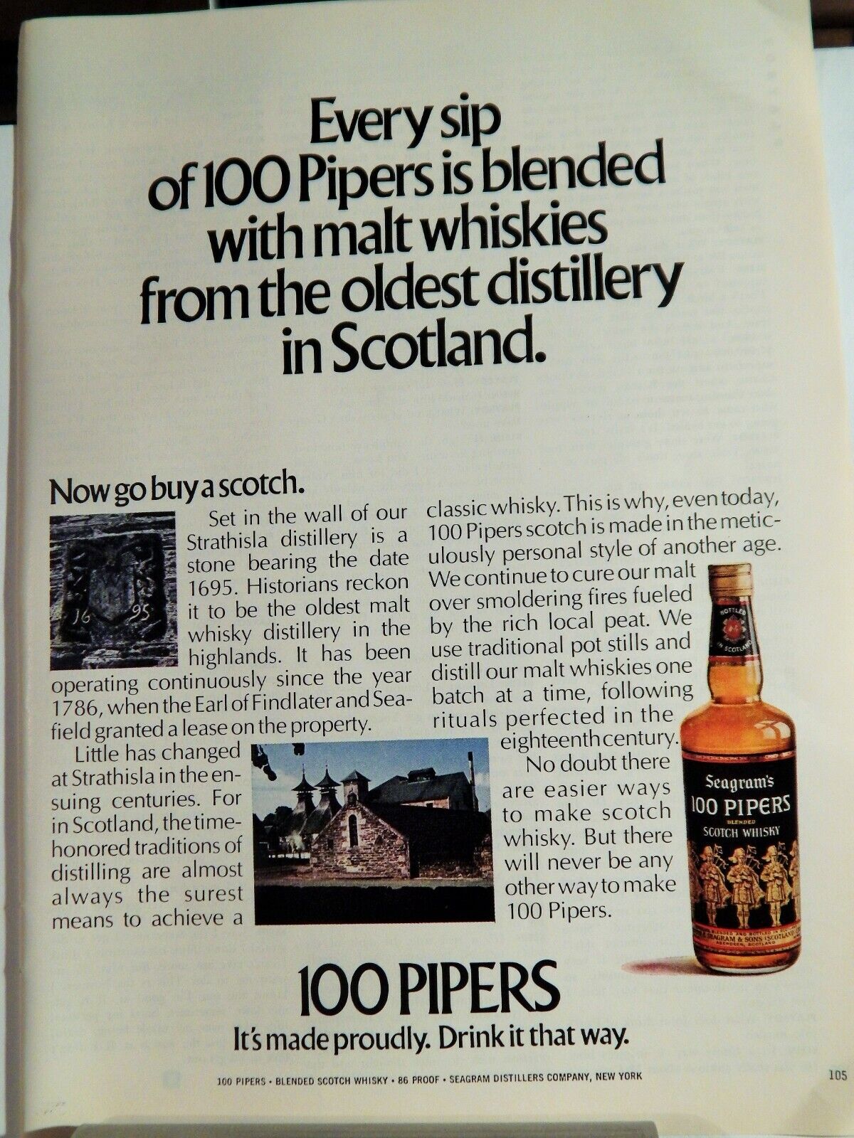 100 PIPERS SEAGRAMS SCOTCH WHISKEY VTG 1971 Photo Poster painting AD, RARE MUCH SOUGHT EPHEMERA