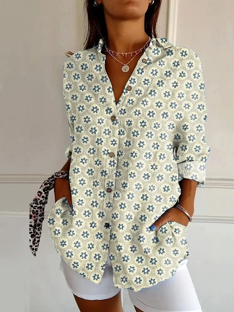 Vintage Floral Print Casual Long Sleeve Shirt