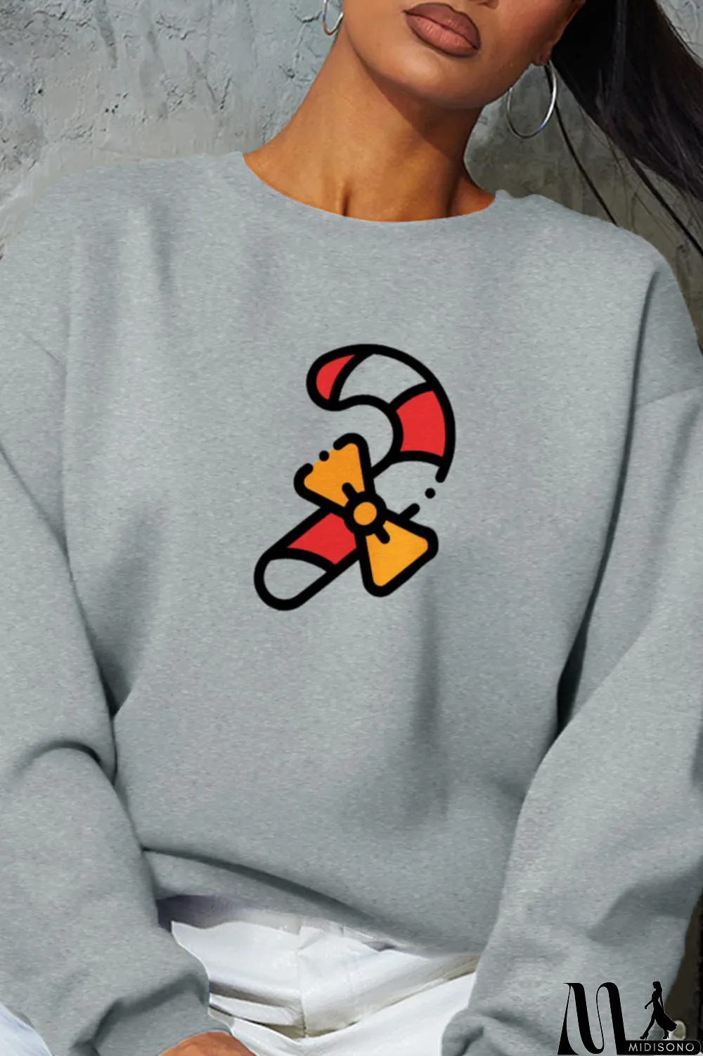 MidiSono - Grey Fashion Party Print Patchwork O Neck Tops