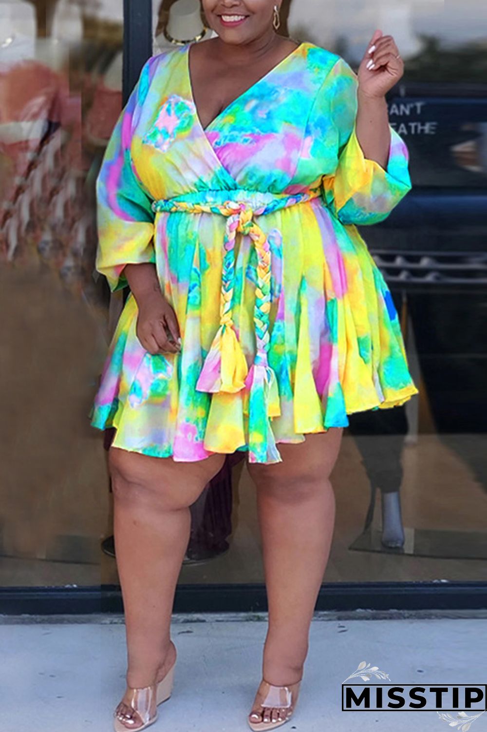 Orange Sexy Print With Belt V Neck A Line Plus Size