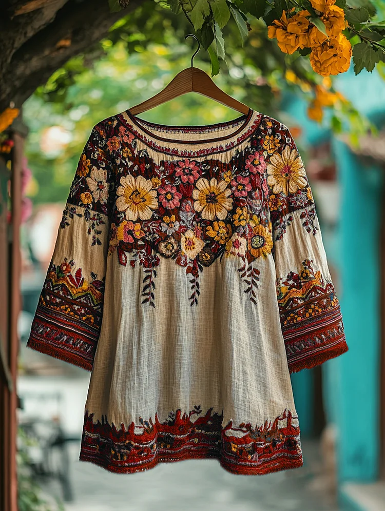 Utbros Women's Bohemian Vacation Floral Round Neck T-shirt