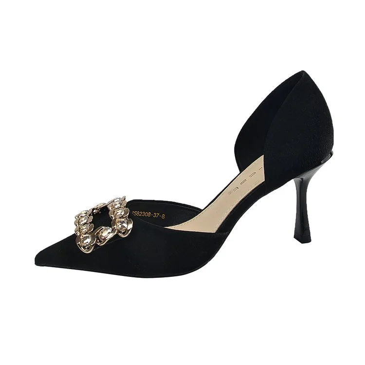 Wongn Wongn 2023 New Korean Version Of Fashion Square Button Metal Buckle Hollow High Heels Single Heel Women's Shoes