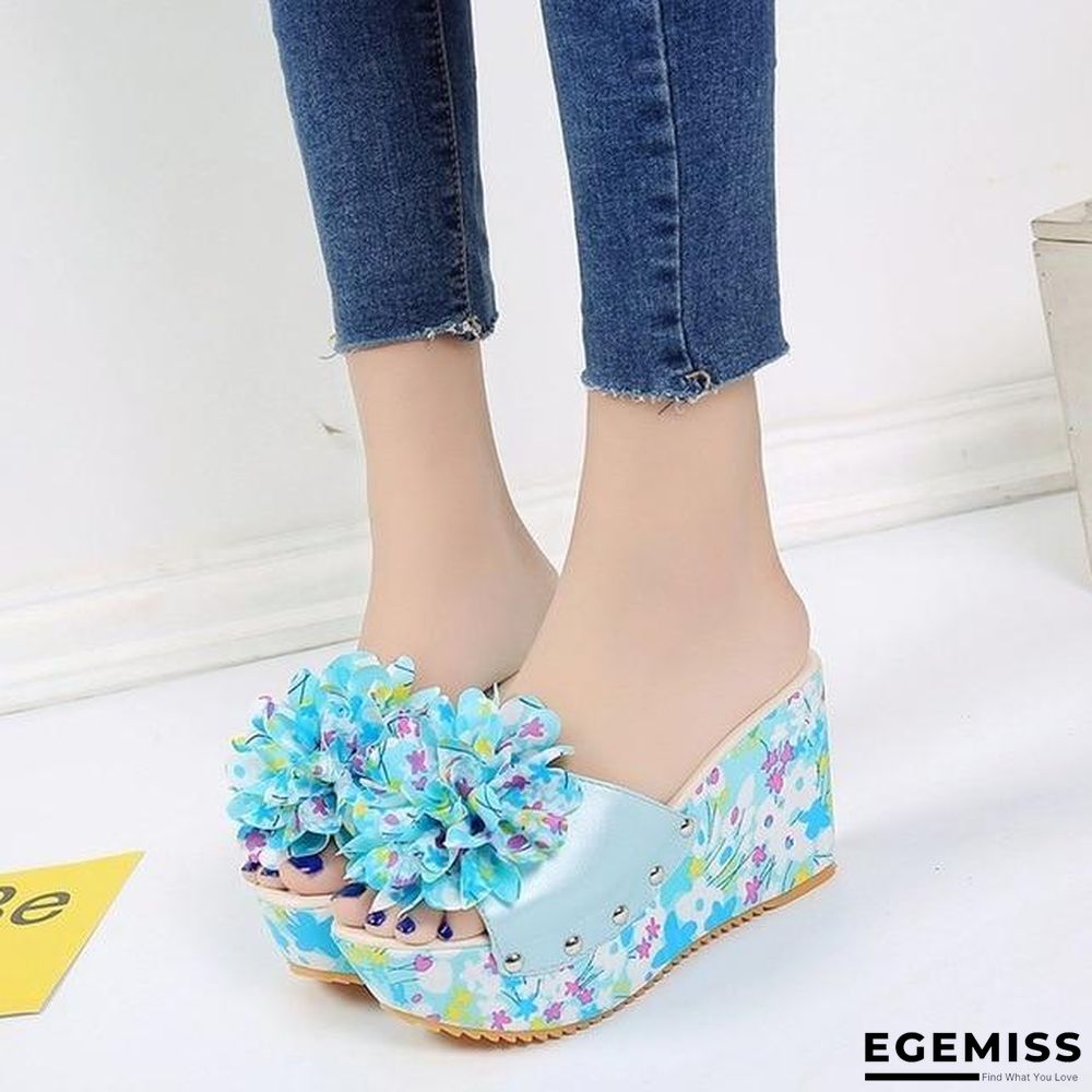 Women Thick Floral Flower Wedge Sandals High Heel Slipper Sandal Shoes | EGEMISS
